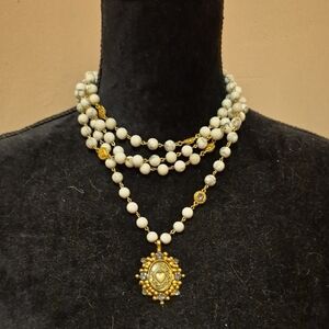 Virgin Saints And Angels Gold Pendant Multi-Strand White Bead Necklace Statement